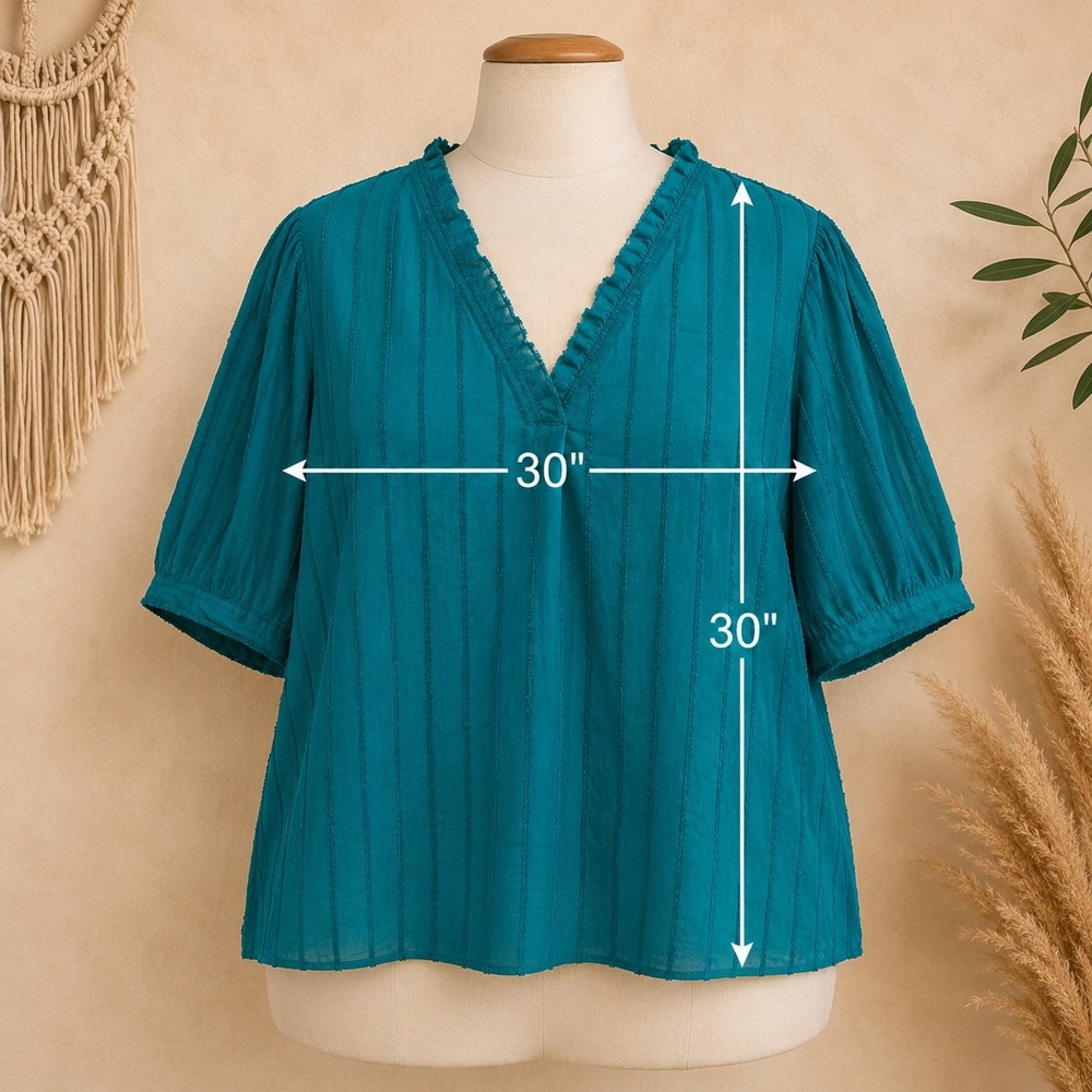 Lane Bryant Teal Blue Cotton Ruffle V-Neck Puff Sleeve Blouse Plus Size 24 - Picture 6 of 7